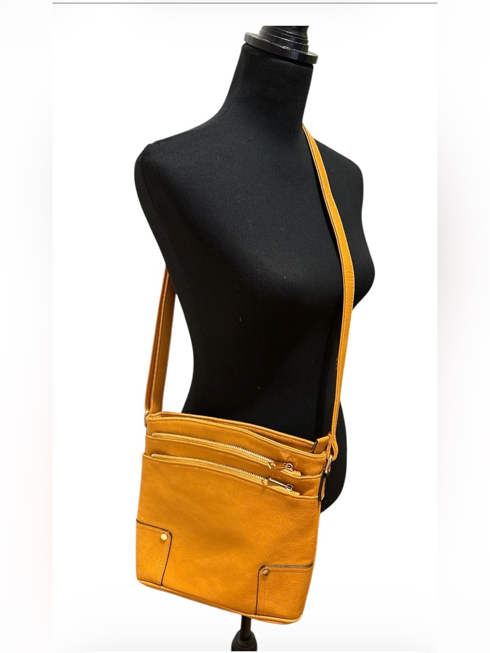 Sleek Mustard Crossbody Bag with Triple Zip Pockets